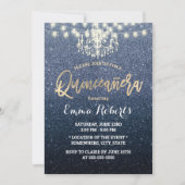 Quinceanera Modern Navy Blue Glitter Chandelier Kaart (Voorkant)