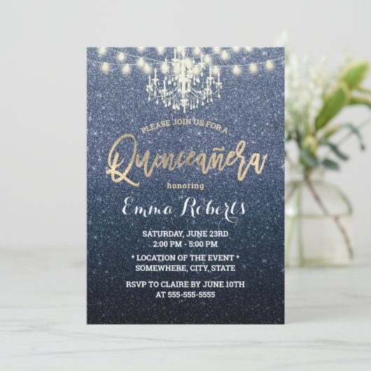 Quinceanera Modern Navy Blue Glitter Chandelier Kaart (Staand voorkant)
