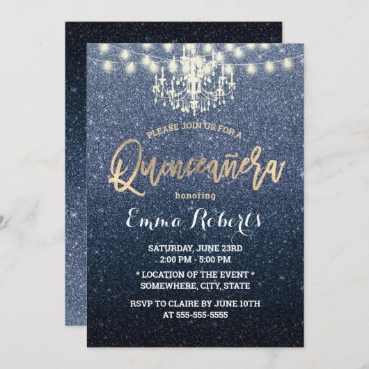 Quinceanera Modern Navy Blue Glitter Chandelier Kaart (Voorkant / Achterkant)