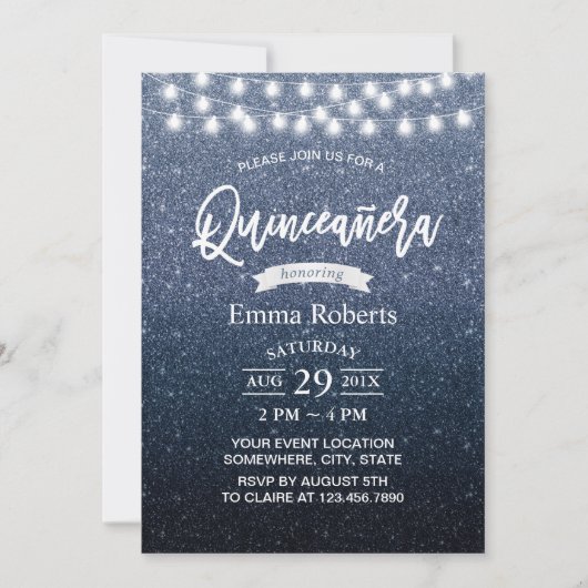 Quinceanera Modern Navy Blue Glitter String Lights Kaart (Voorkant)