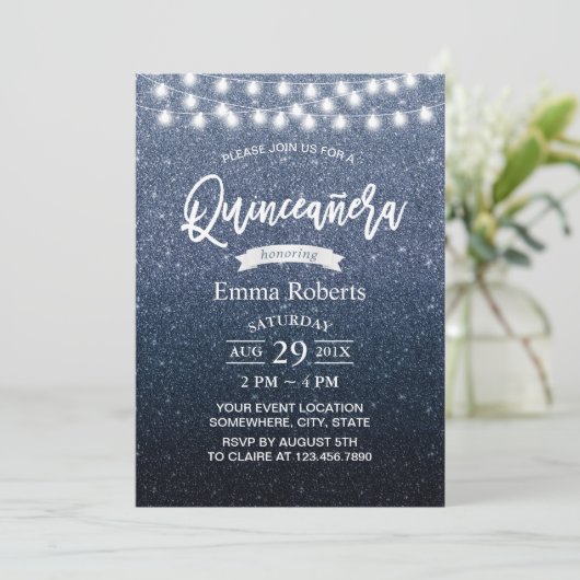 Quinceanera Modern Navy Blue Glitter String Lights Kaart (Staand voorkant)