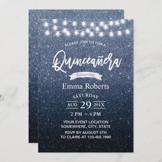 Quinceanera Modern Navy Blue Glitter String Lights Kaart (Voorkant / Achterkant)