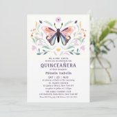 Quinceañera Modern Pink Paars Butterfly Floral Kaart (Staand voorkant)