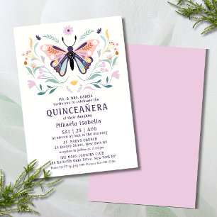 Quinceañera Modern Pink Paars Butterfly Floral Kaart