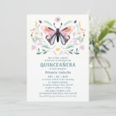 Quinceañera Modern Pink Paars Butterfly Floral Kaart (Staand voorkant)