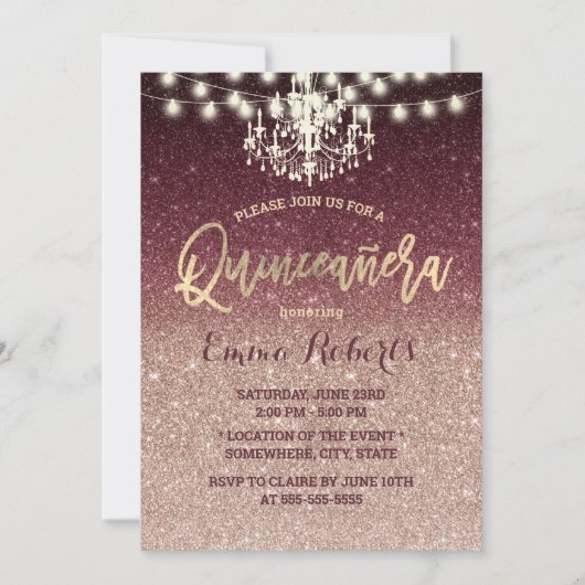 Quinceanera Modern Roos Gold en Bourgogne Glitter Kaart (Voorkant)