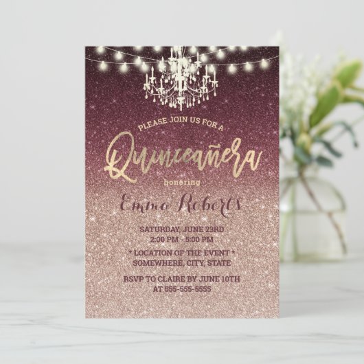 Quinceanera Modern Roos Gold en Bourgogne Glitter Kaart (Staand voorkant)
