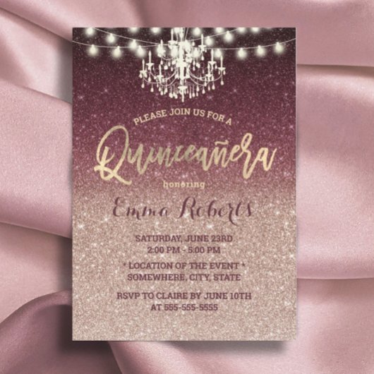 Quinceanera Modern Roos Gold en Bourgogne Glitter Kaart