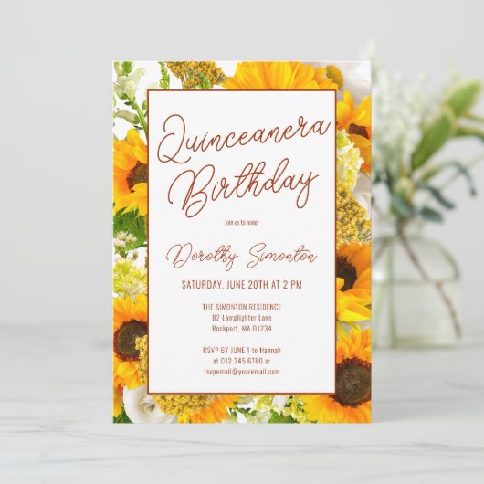 Quinceanera moderne zonnebloem kaart (Staand voorkant)