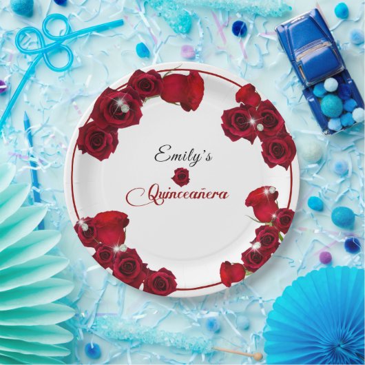 Quinceanera Mooie Rode Rozen Diamanten   Papieren Bordje (Feest)