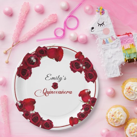 Quinceanera Mooie Rode Rozen Diamanten   Papieren Bordje (Feest)