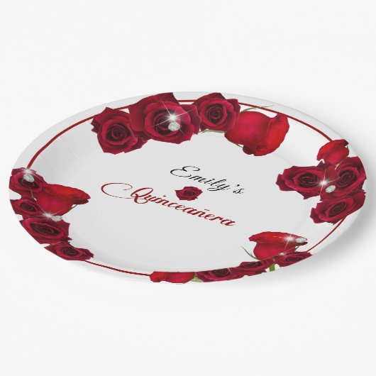 Quinceanera Mooie Rode Rozen Diamanten   Papieren Bordje (Gekanteld)