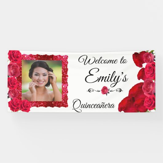 Quinceanera Mooie Rode Rozen en Rode Glitter Frame Spandoek (Horizontaal)