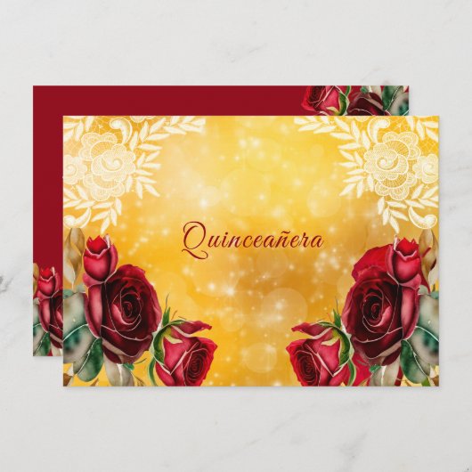 Quinceanera Mooie Rode Rozen Kant en Goud Kaart (Voorkant / Achterkant)