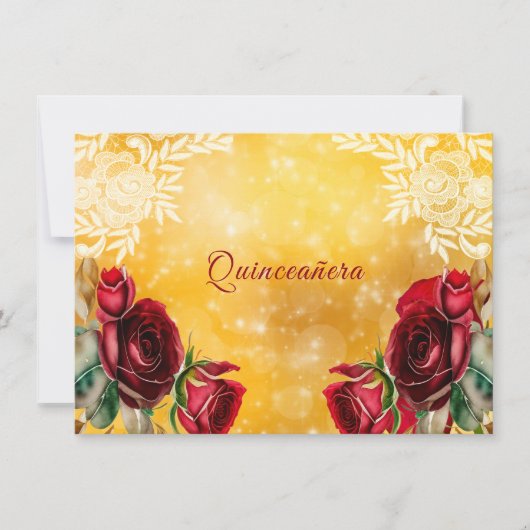 Quinceanera Mooie Rode Rozen Kant en Goud Kaart (Voorkant)