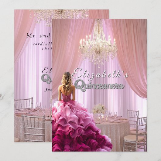 Quinceanera Mooie Roze Jurk Kroonluchter Kroon Kaart (Voorkant / Achterkant)