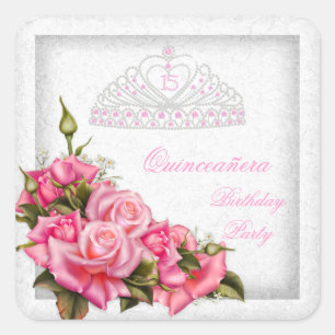 Quinceanera Mooie Roze Rozen Witte 15e Feestje Vierkante Sticker