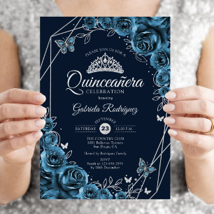 Quinceanera Navy Blau Zilveren Bloemen Kaart