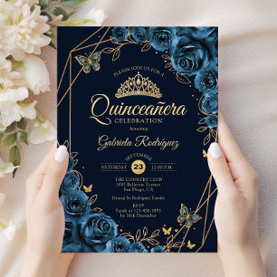 Quinceanera Navy Blauw Goud Bloemen Kaart
