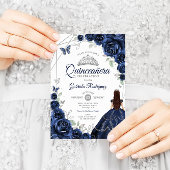 Quinceanera Navy Blauw Zilver Bloemen Jurk Kaart