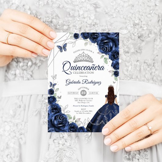 Quinceanera Navy Blauw Zilver Bloemen Jurk Kaart