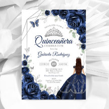 Quinceanera Navy Blauw Zilver Bloemen Jurk