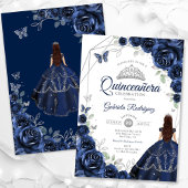 Quinceanera Navy Blauw Zilver Bloemen Jurk Kaart
