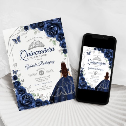 Quinceanera Navy Blauw Zilver Bloemen Jurk Kaart