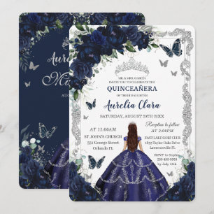 Quinceanera Navy Blauwe Bloem Zilveren Prinses Kaart