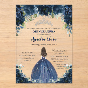 Quinceañera Navy Blauwe Bloem Zilveren Prinsessen Acryl Uitnodigingen
