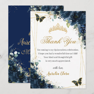Quinceañera Navy Blauwe Bloemen Gouden Vlinders Bedankkaart