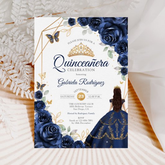 Quinceanera Navy Blauwe Bloemen Jurk Goud Kaart