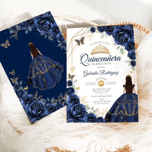 Quinceanera Navy Blauwe Bloemen Jurk Goud Kaart