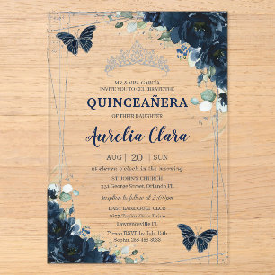 Quinceanera Navy Blauwe Bloemen Vlinders Zilver Acryl Uitnodigingen