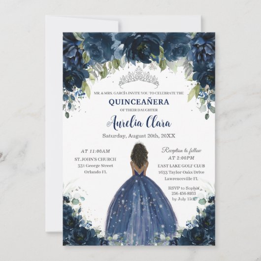Quinceañera Navy Blauwe Bloemen Zilver Bruin Prins Kaart (Voorkant)