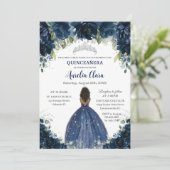 Quinceañera Navy Blauwe Bloemen Zilver Bruin Prins Kaart (Staand voorkant)