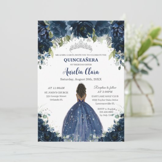 Quinceañera Navy Blauwe Bloemen Zilver Bruin Prins Kaart (Staand voorkant)