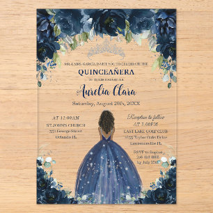 Quinceanera Navy Blauwe Bloemige Zilver Bruine Pri Acryl Uitnodigingen