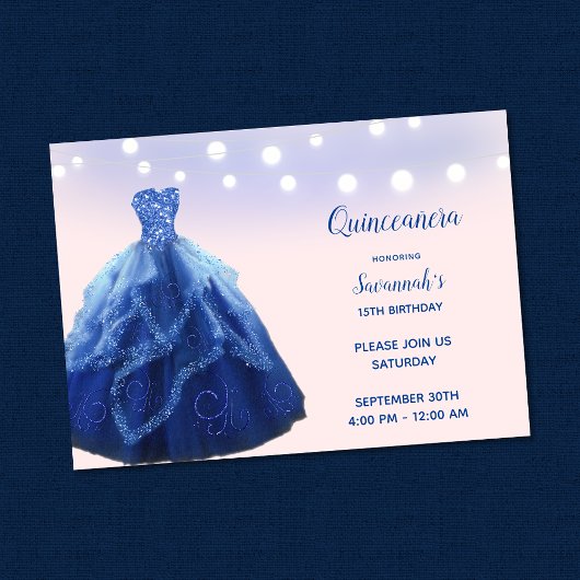 Quinceanera Navy Blauwe Blush Sliert Lichtjes Kaart
