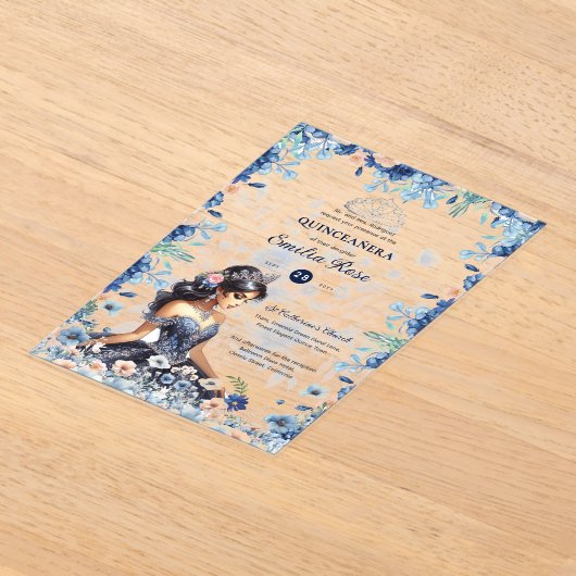 Quinceañera Navy Blauwe Perzik Zilveren Jurk Bloem Acryl Uitnodigingen (Laagn)