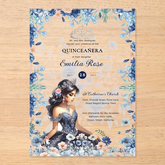 Quinceañera Navy Blauwe Perzik Zilveren Jurk Bloem Acryl Uitnodigingen (Voorkant)