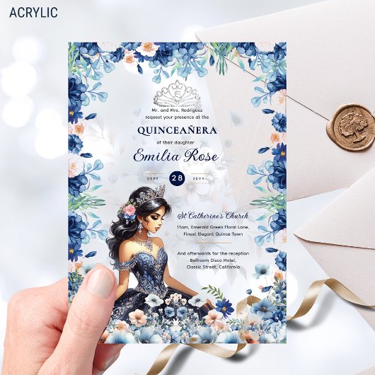 Quinceañera Navy Blauwe Perzik Zilveren Jurk Bloem Acryl Uitnodigingen