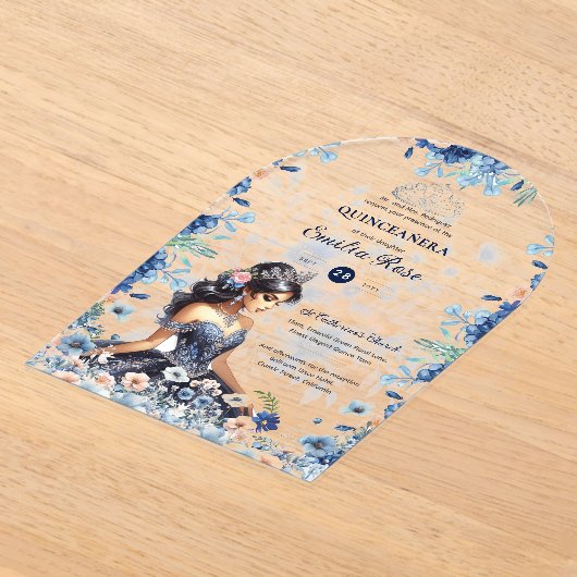 Quinceañera Navy Blauwe Perzik Zilveren Jurk Bloem Acryl Uitnodigingen (Laagn)