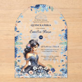 Quinceañera Navy Blauwe Perzik Zilveren Jurk Bloem Acryl Uitnodigingen (Voorkant)