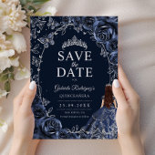 Quinceanera Navy Blauwe Zilver Save The Date