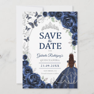 Quinceanera Navy Blauwe Zilveren Bloemen Save The Date