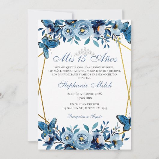Quinceanera Navy Bloemen Uitnodiging Vlinders (Voorkant)