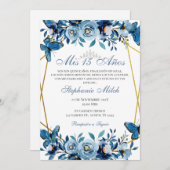 Quinceanera Navy Bloemen Uitnodiging Vlinders (Voorkant / Achterkant)