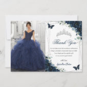 Quinceañera Navy Blue Bloemenvlinders Afbeelding Bedankkaart (Voorkant)
