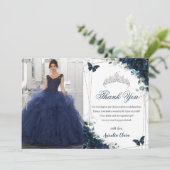 Quinceañera Navy Blue Bloemenvlinders Afbeelding Bedankkaart (Staand voorkant)